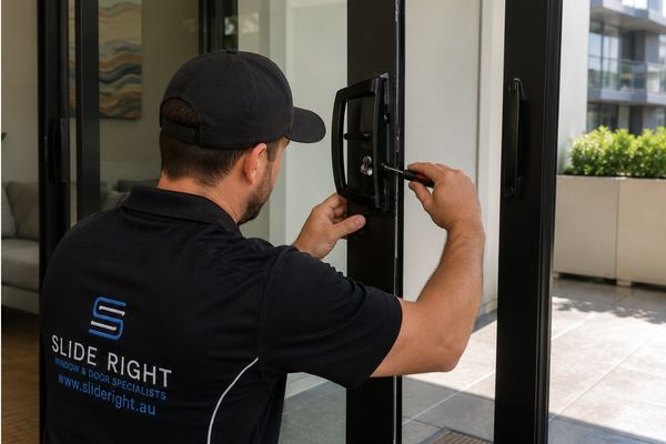 Slide Right technician working on a sliding door lock.